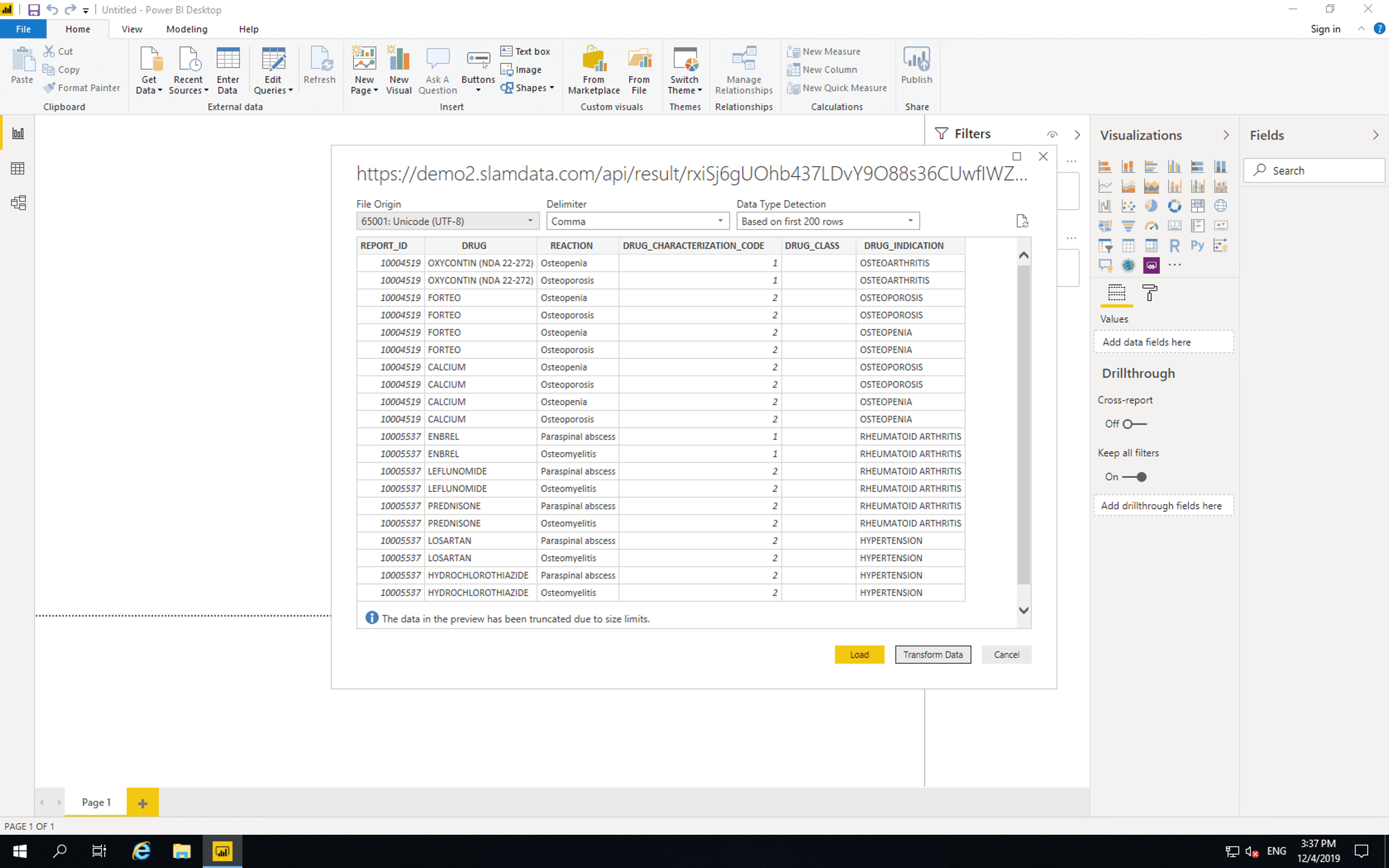 A preview of data paged and tabulated by Precog shown in Power BI