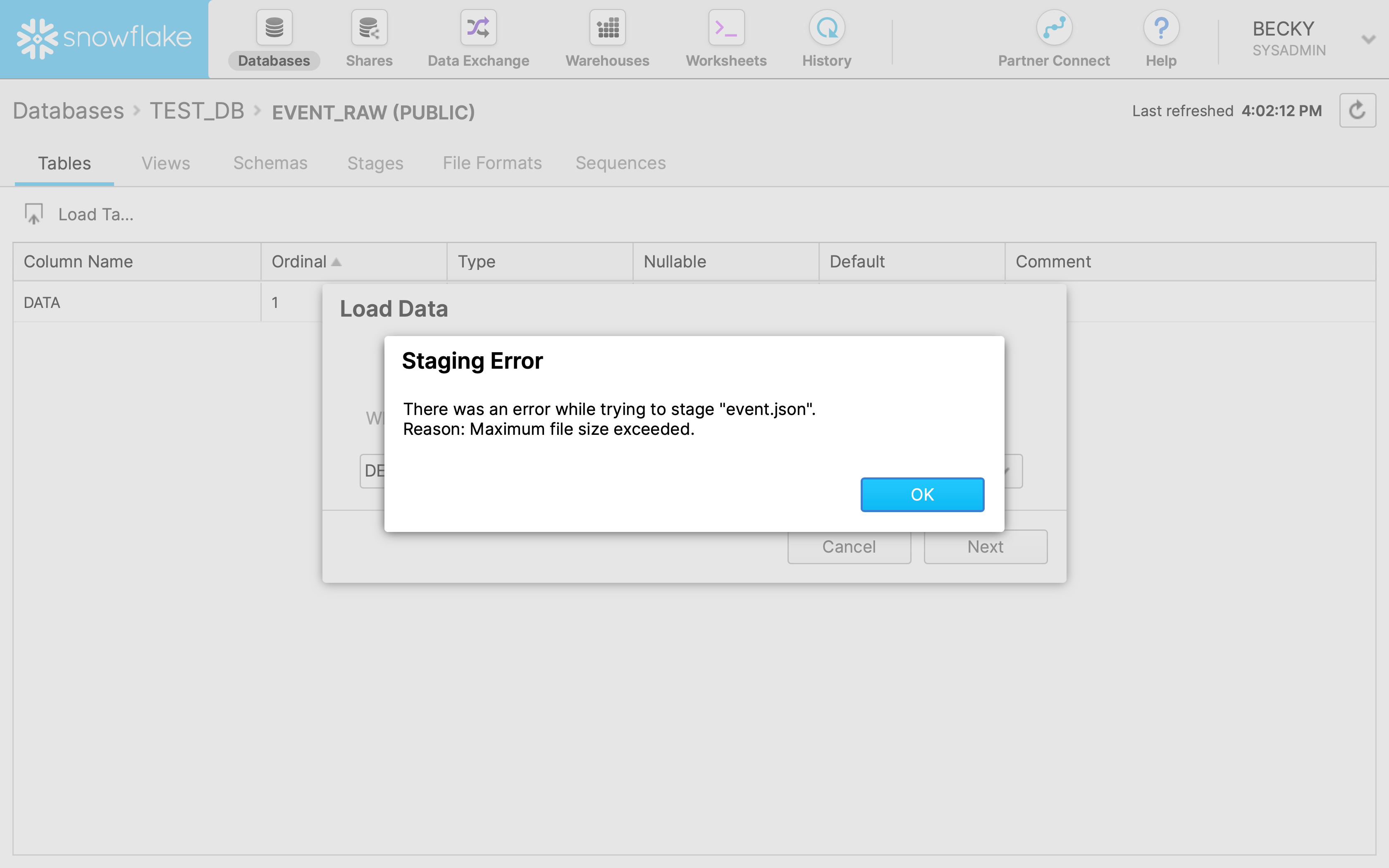 Screenshot of an error uploading a file in the Snowflake UI